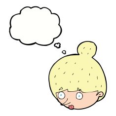 cartoon surprised woman's face with thought bubble N8