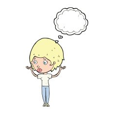 cartoon woman raising hands in air with thought bubble N17
