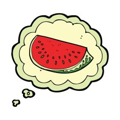 cartoon watermelon slice with thought bubble