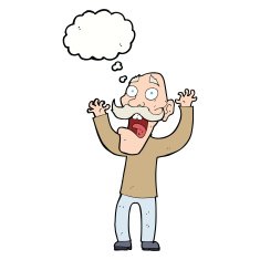 cartoon old man getting a fright with thought bubble N8