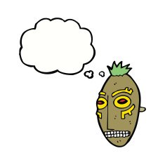 cartoon tribal mask with thought bubble