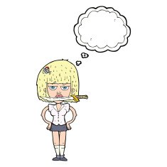 cartoon woman with knife between teeth thought bubble N33