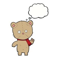cartoon waving teddy bear with thought bubble N8