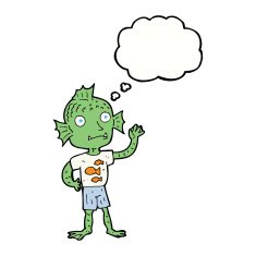 cartoon waving fish boy with thought bubble N8