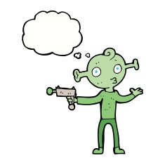 cartoon alien with ray gun thought bubble N8