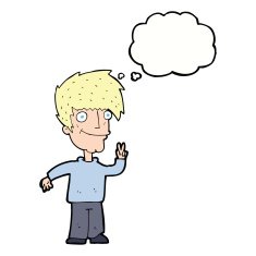 cartoon man giving peace sign with thought bubble N44