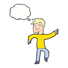 cartoon happy man pointing with thought bubble N51