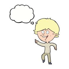 cartoon happy pointing man with thought bubble N16