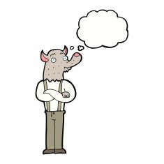 cartoon friendly werewolf with thought bubble N8