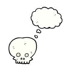 cartoon spooky skull symbol with thought bubble