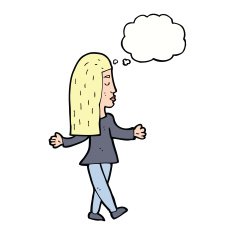 cartoon woman shrugging shoulders with thought bubble N407