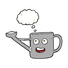 watering can cartoon with thought bubble