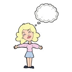 cartoon woman with open arms thought bubble N84