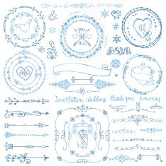 Winter doodle decor set Wreath Frame Border ribbon Hand drawn