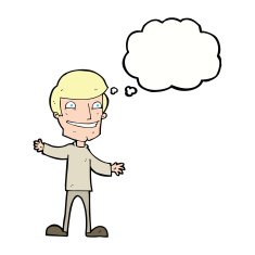 cartoon grinning man with thought bubble N77