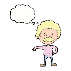 cartoon man making camp gesture with thought bubble N25