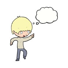 cartoon worried boy pointing with thought bubble N9