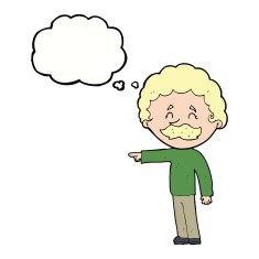 cartoon man with mustache pointing thought bubble N25