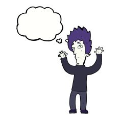 cartoon vampire giving up with thought bubble N9