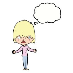 cartoon woman shrugging shoulders with thought bubble N409