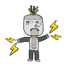 cartoon waving robot with thought bubble N17