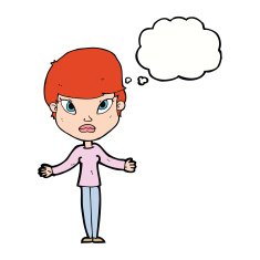 cartoon woman shrugging shoulders with thought bubble N410