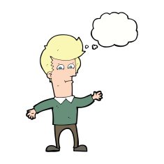 cartoon waving man with thought bubble N32