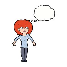 cartoon woman shrugging shoulders with thought bubble N412