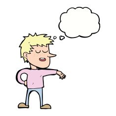 cartoon man making dismissive gesture with thought bubble N16