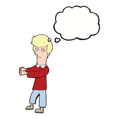 cartoon bored man showing the way with thought bubble N9