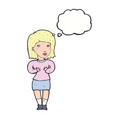 cartoon woman making excuses with thought bubble N16