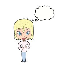 cartoon satisfied woman with thought bubble N9