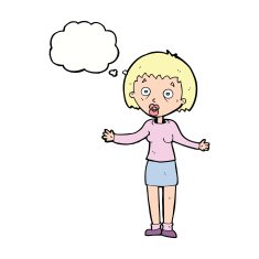 cartoon woman making excuses with thought bubble N17