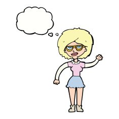 cartoon waving woman wearing spectacles with thought bubble N9
