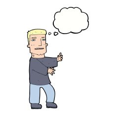 cartoon man gesturing with thought bubble N26