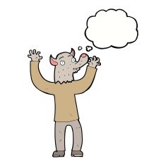 cartoon happy werewolf man with thought bubble N5