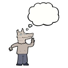 cartoon happy wolf man with thought bubble N14