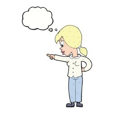 cartoon enthusiastic woman pointing with thought bubble N9