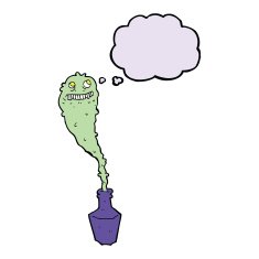 cartoon spooky ghost in bottle with thought bubble N9