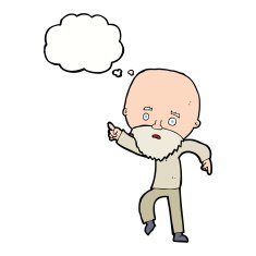 cartoon worried old man pointing with thought bubble N9