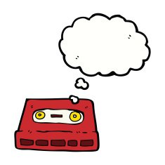 cartoon cassette tape with thought bubble