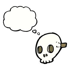 cartoon skull mask with thought bubble