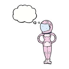 cartoon female astronaut with thought bubble N25