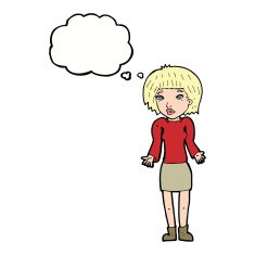 cartoon woman shrugging shoulders with thought bubble N413