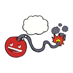 cartoon burning bomb with thought bubble