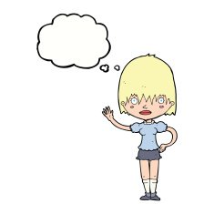 cartoon waving woman with thought bubble N121