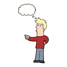 cartoon man pointing with thought bubble N159
