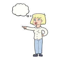 cartoon woman pointing with thought bubble N180