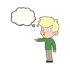 cartoon pointing boy with thought bubble N26