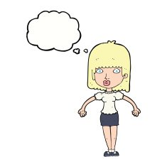 cartoon woman shrugging shoulders with thought bubble N414